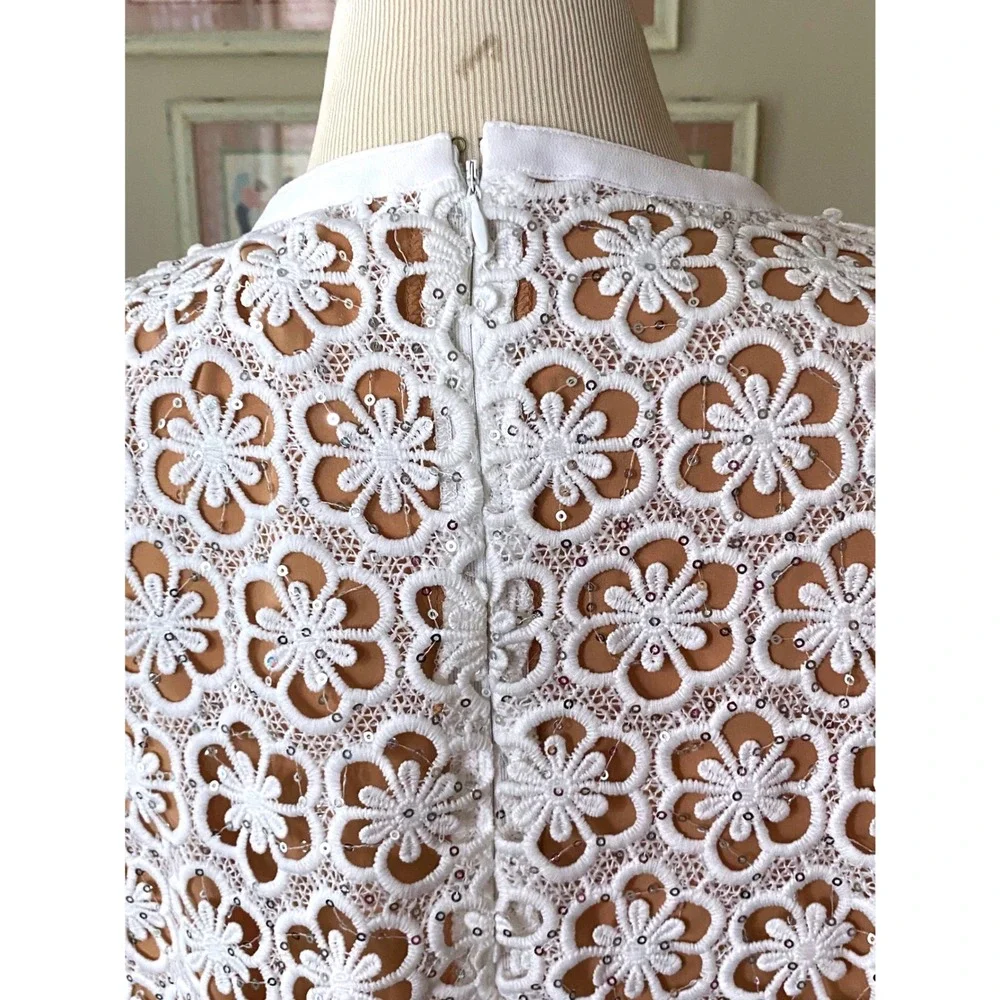 NWT MICHAEL KORS white Floral Lace Sequin Tuxedo Bib Midi Dress Short Sleeve L‎